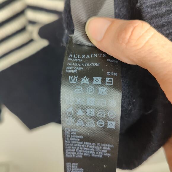 AllSaints Keet Crew Sweater Womens Large Wool Blend White Black Stripes Preppy - Picture 7 of 10